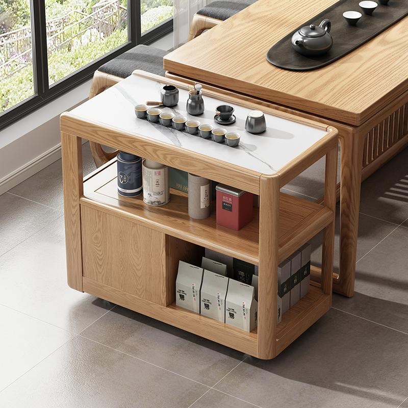 橡木实木沙发边柜岩板中式小w户型客厅带轮可移动角几小茶几侧边