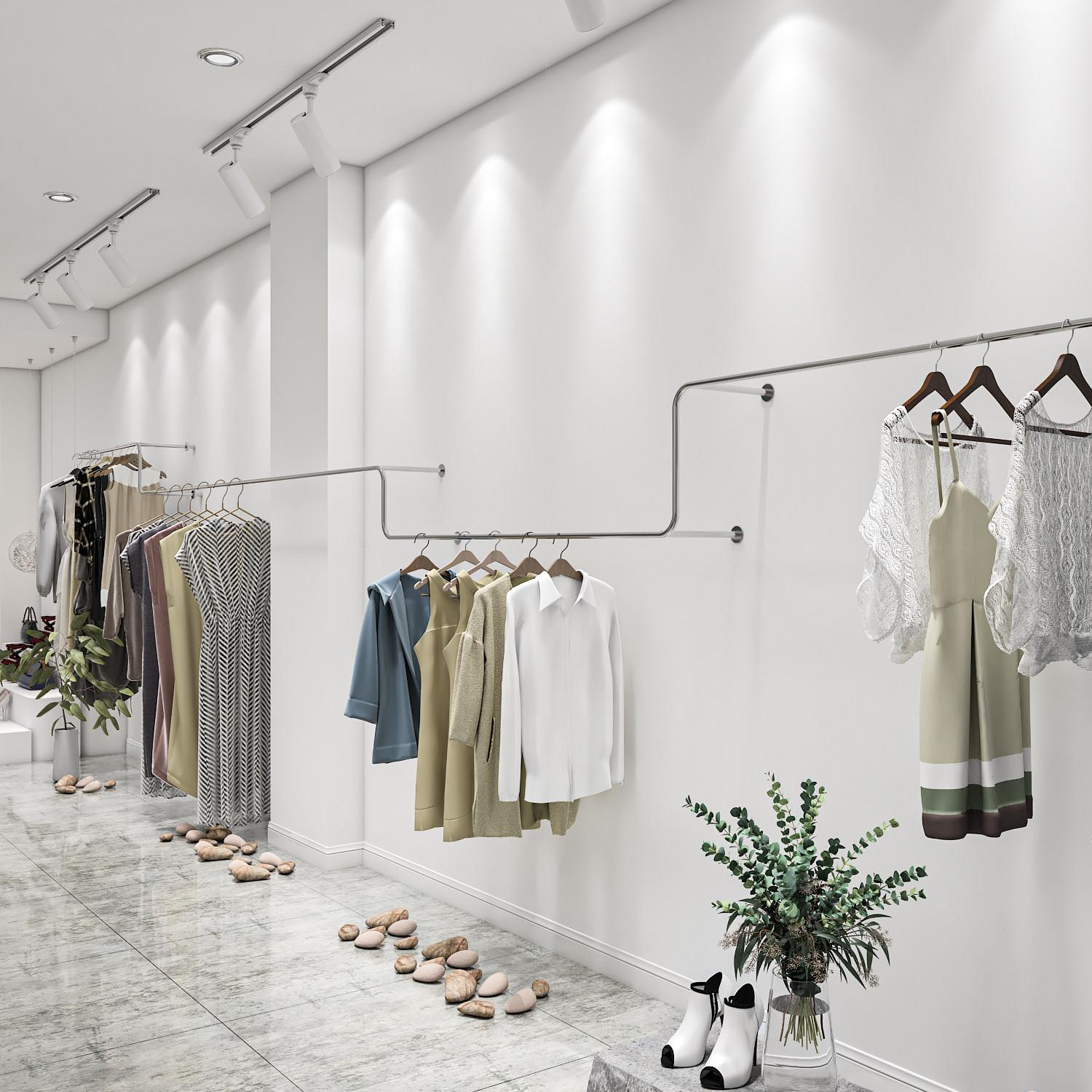 服装店挂衣架上墙立地式展示架不锈钢银色女装店货架壁挂式陈列架