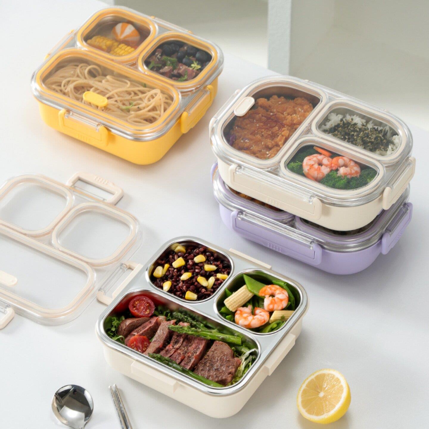 304不锈钢三分格饭盒850ML防串味密封餐盒可微波炉加热防烫保鲜盒