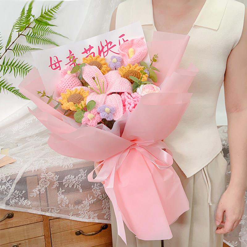 母亲节针织毛线花束成品手工钩织康乃馨百合仿真永生花送妈妈礼物