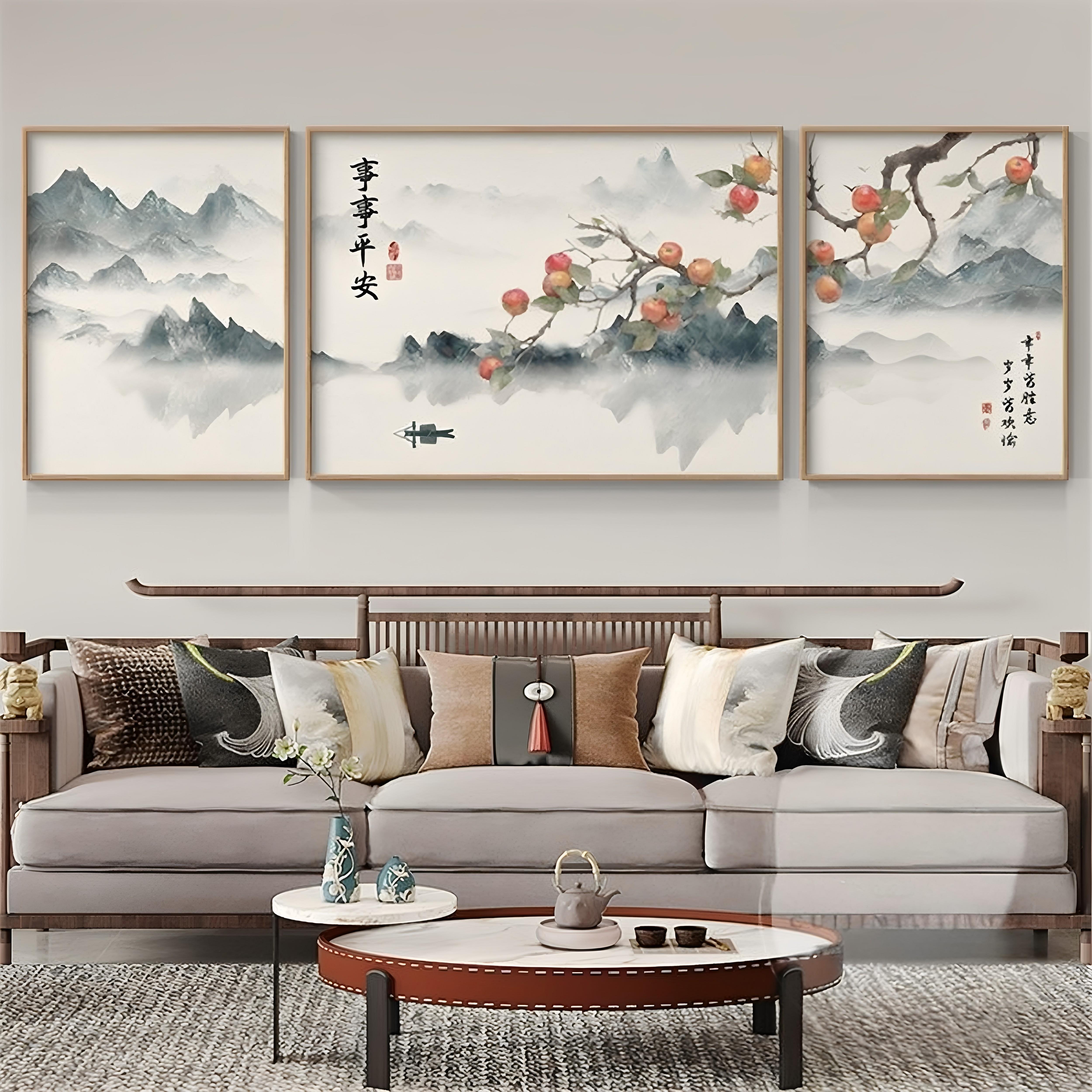 新中式客厅装饰画沙发背景墙挂画高档水墨山水风景国画大三联壁画