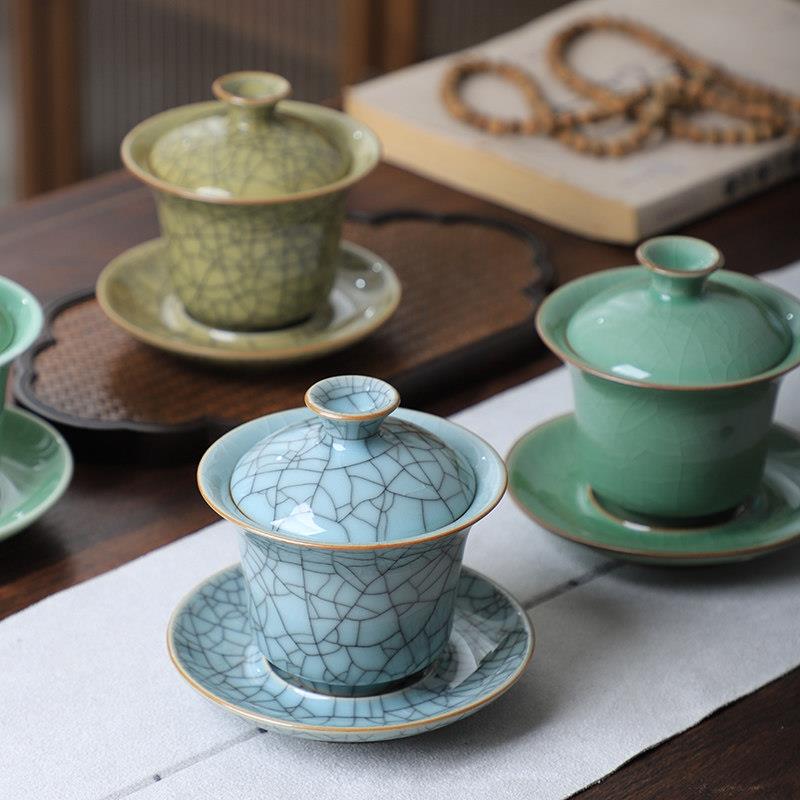 龙泉青瓷三才盖碗陶瓷功夫茶具泡茶碗大号哥窑冰裂纹开片中式盖杯