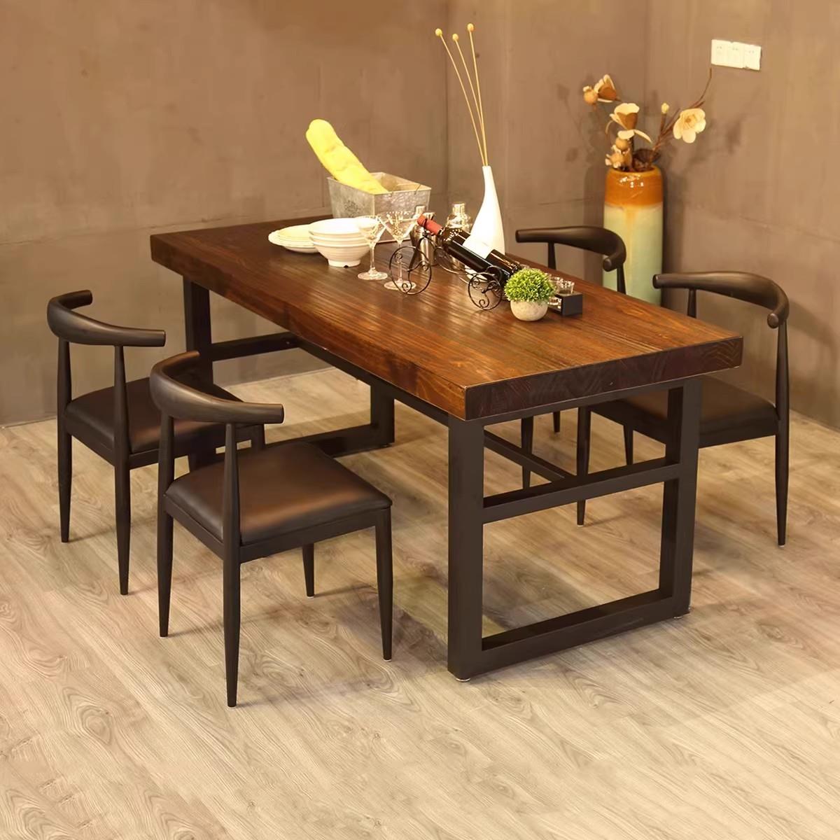 餐厅饭店实木餐桌椅组合快餐店面馆长方形桌火锅休闲咖啡烧烤铁艺