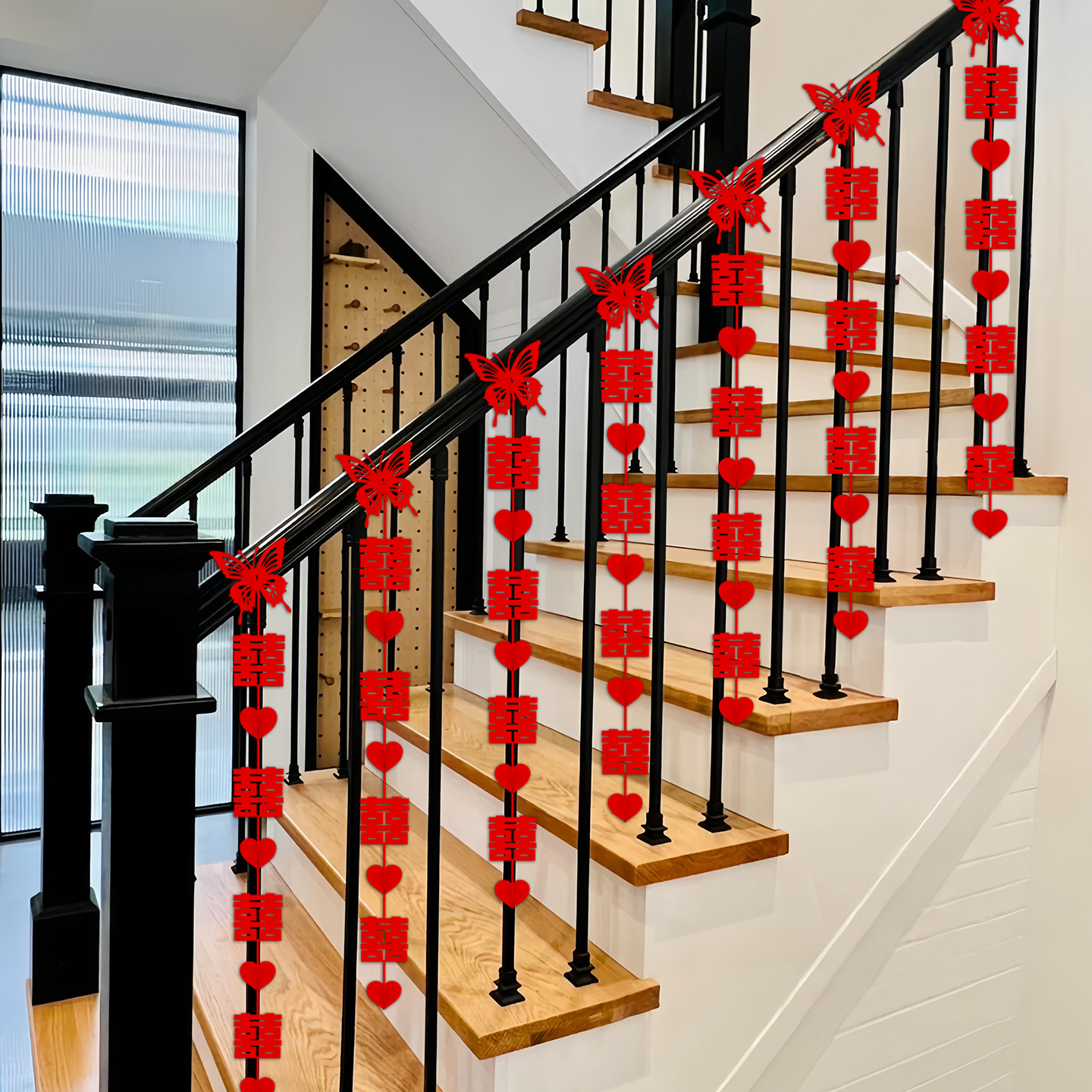 结婚楼梯扶手装饰闺房婚房布置套装别墅男方农村婚礼喜字拉花气球