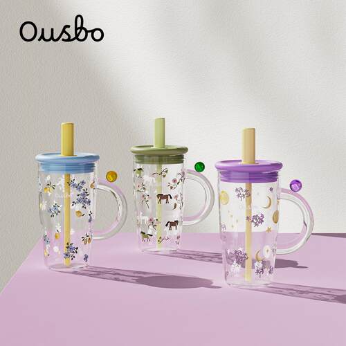 Ousbo花花玻璃水杯女生高颜值吸管桌面杯新款大容量咖啡饮品杯子