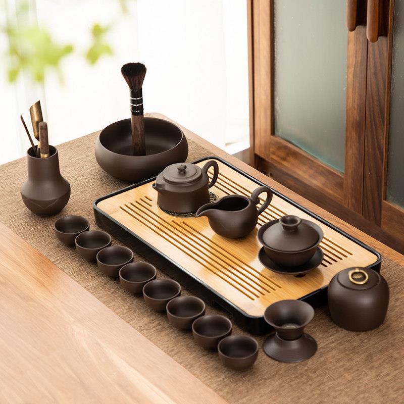 紫砂功夫茶具套装家用整套简约办公室客厅泡茶器排水茶盘茶壶茶杯