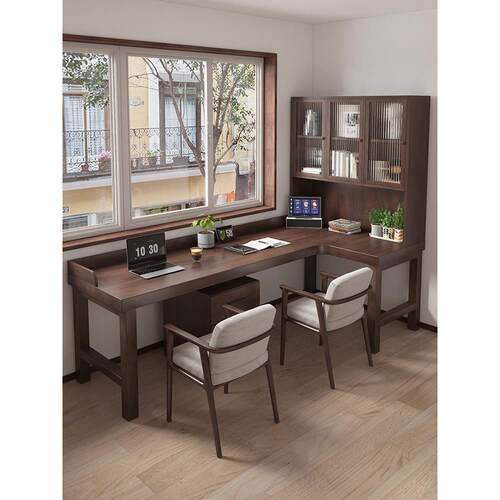 实木转角书桌书柜一体靠墙l型写字收纳柜卧室拐角电脑桌书架组合