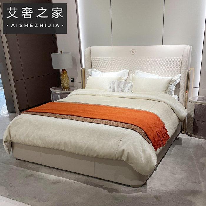 后现代轻奢真皮双人床港式简约别墅意式轻奢设计师婚床套房主卧床