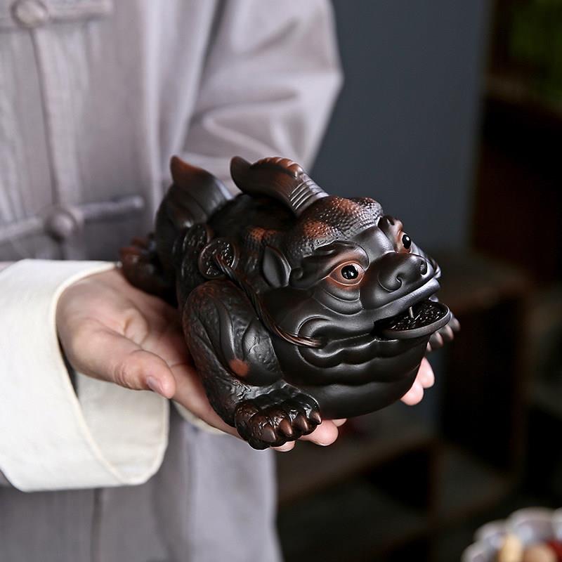 高档大号紫陶金蟾茶宠招财龙龟摆件精品可养手工三足龙蟾茶台神兽