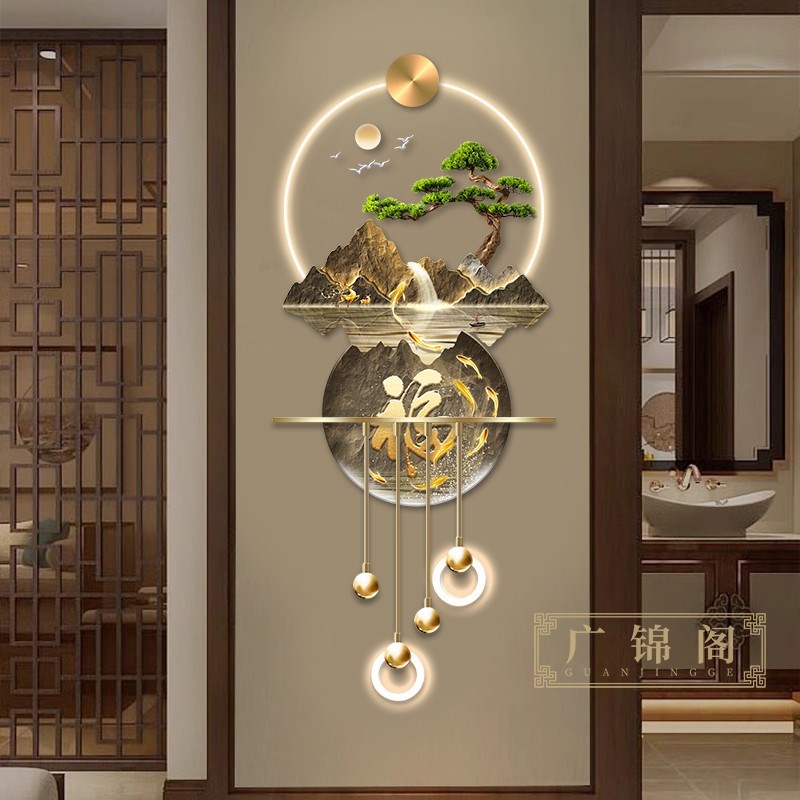 福字九鱼玄关立体装饰画高档壁灯新中式入户走廊过道挂画2025新款图片