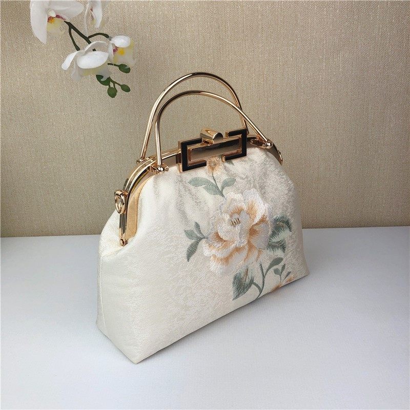 树枝花锦缎简约优雅风刺绣 20cm弧形双拎手口金包diy材料包手工