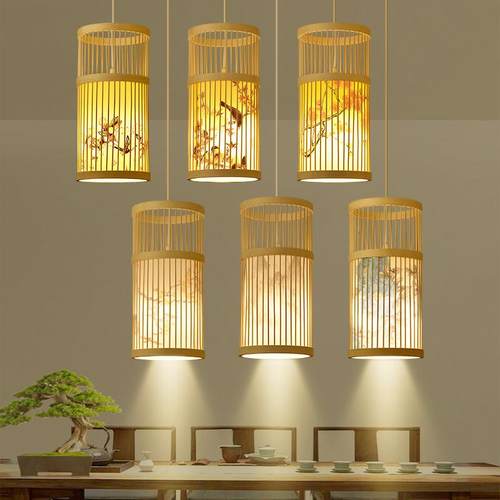 网红新中式餐厅包间竹编小吊灯日式餐饮火锅店包厢竹艺灯笼带射灯