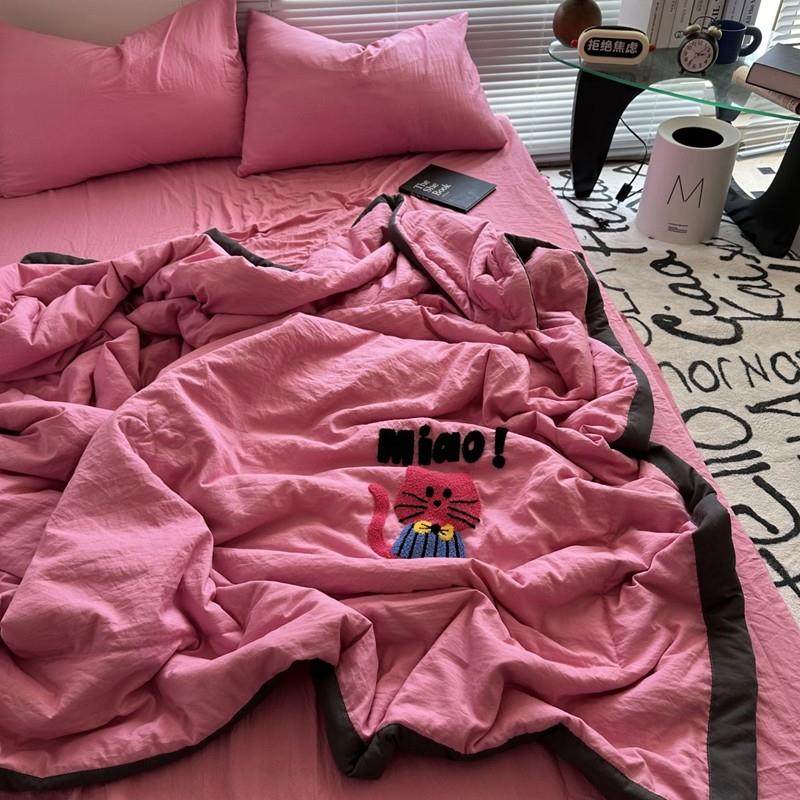 少女ins玫粉色可爱猫咪毛巾绣夏被四件套夏季水洗棉空调被夏凉被,床上用品,化纤被,淘宝优惠券,粉丝福利购,淘宝优惠卷