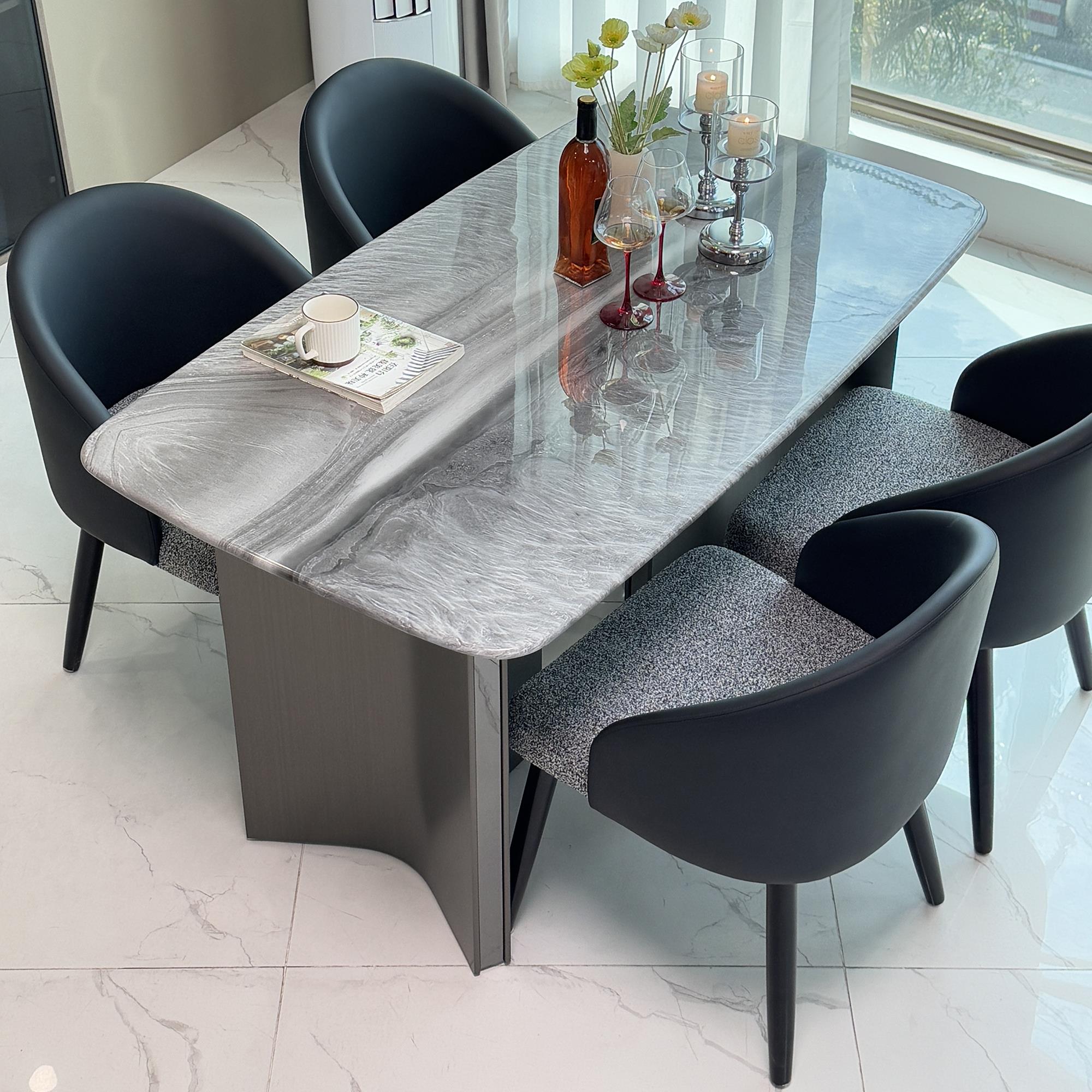 奢石纹理灰色天然金刚大理石餐桌组合意式简约轻奢大理石餐桌