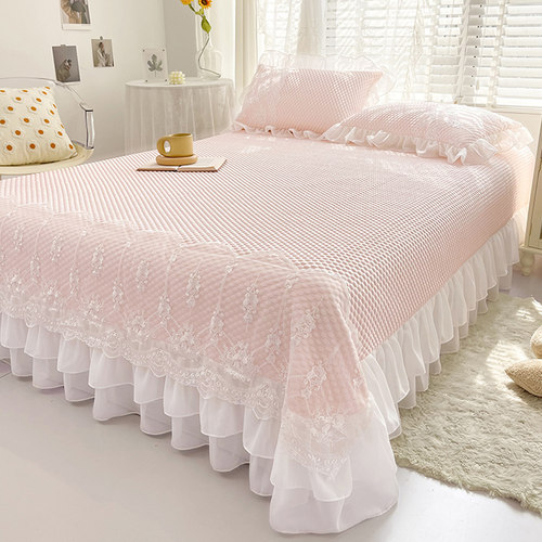 夏季豆豆冰丝席凉席三件套可水机洗公主风花边裙式床单空调软席子