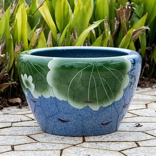 手工雕刻睡莲荷花盆缸水缸铁树盆景种树大花盆特大号庭院陶瓷鱼缸