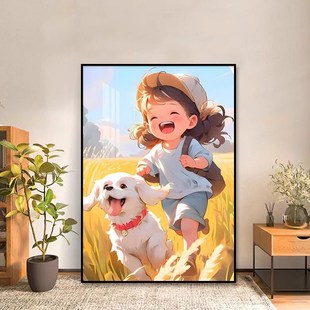田野治愈系女孩与狗狗客厅装 饰画卧室儿童房沙发背景墙落地画挂画