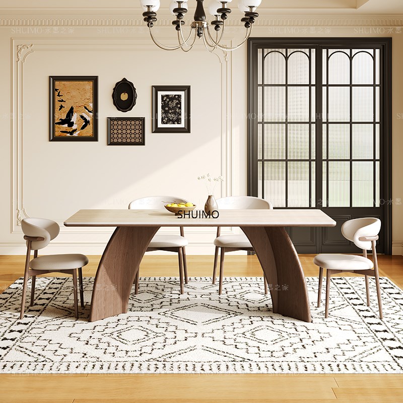 德利丰岩板洞石法式餐桌家用小户型轻G奢奶油椭圆长方形餐桌子客