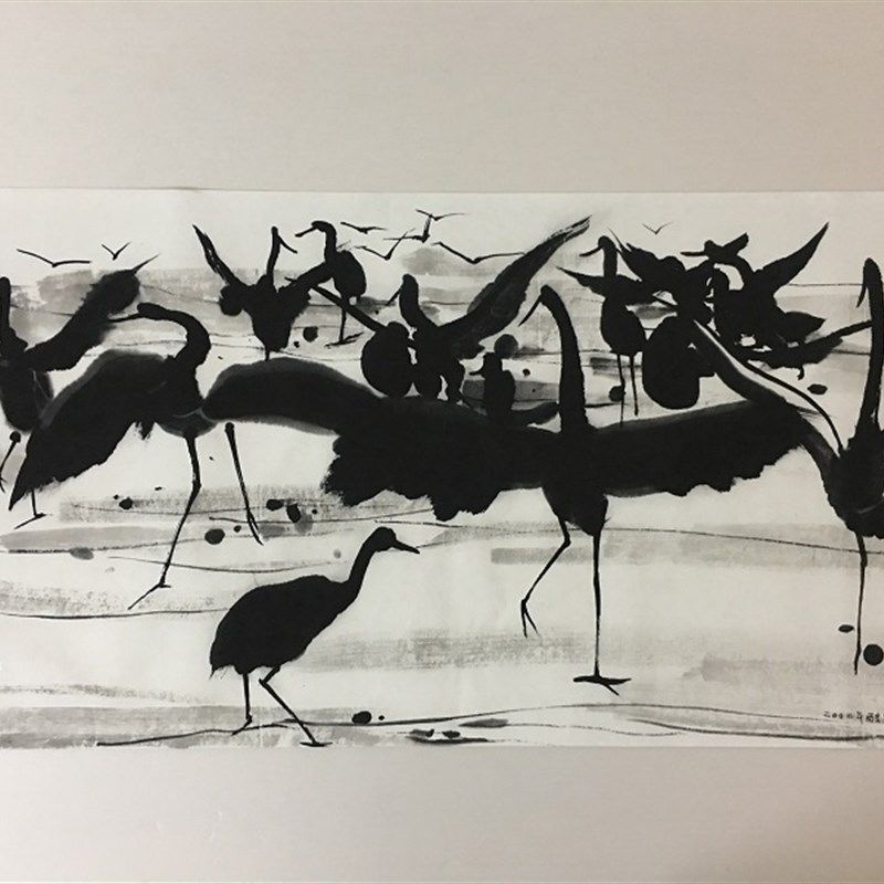 吴冠中 鹤舞图 现在中式国画艺术微喷复制酒店客厅书房中堂装饰画