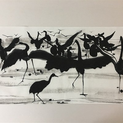 吴冠中 鹤舞图 现在中式国画艺术微喷复制酒店客厅书房中堂装饰画