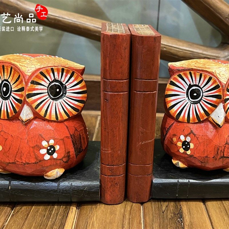 泰国创意实木雕彩绘卡通书立书复古夹立架实木书靠挡书板木夹书架