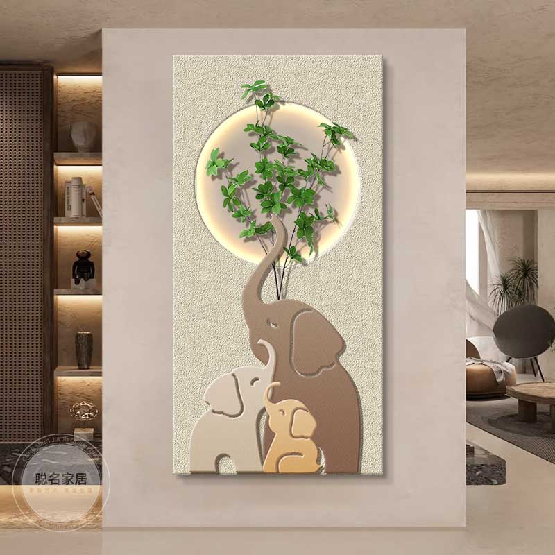 入户玄关装饰画灯光画绿植立体砂岩实物画高档创意客厅背景墙挂画