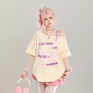 T恤女夏季 多巴胺甜美可爱蝴蝶结半露肩短袖 超火减龄宽松斜肩上衣