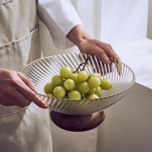 复古轻奢玻璃果盘木质高脚托盘客厅沙拉水果碗收纳干果零食糖果盘