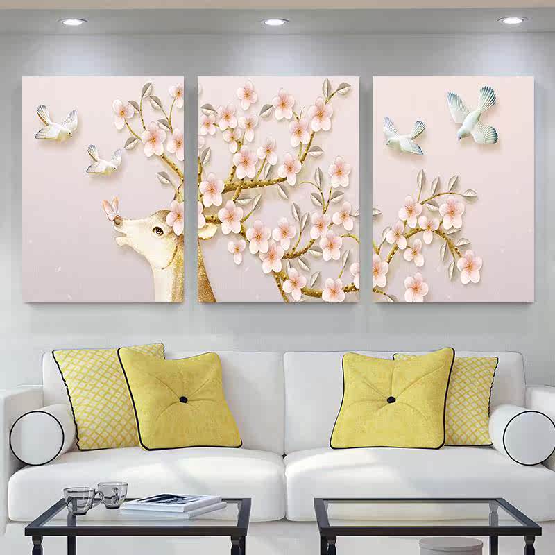 北欧风装饰画抽象发财鹿挂画简欧客厅三联壁画创意个性竖版餐厅画图片