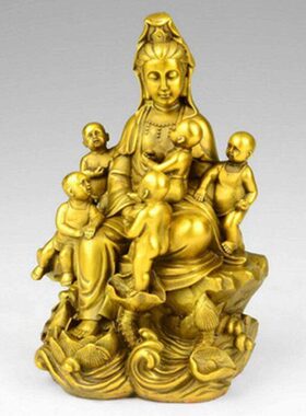 家居全摆件客厅娘娘观音黄铜子福装饰品祈送观音五观音子纯铜供奉