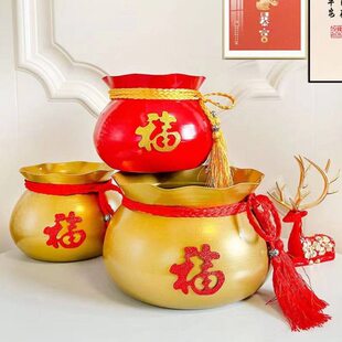 鸿运当头花瓶红果福桶年宵花银柳福桶花盆金属福字插花桶红抱抱桶