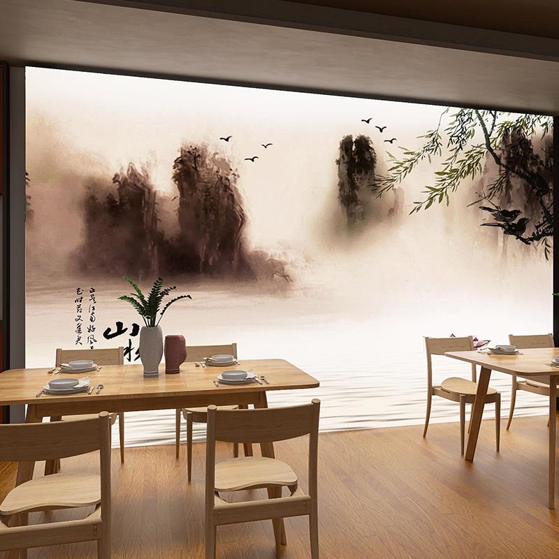 新中式山水水墨画卡布软膜灯箱茶室养生馆酒店办公室餐厅led广告