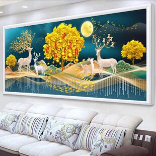 客厅高端轻奢居家发财树麋鹿钻石画风景高端自己贴钻挂画 2024新款