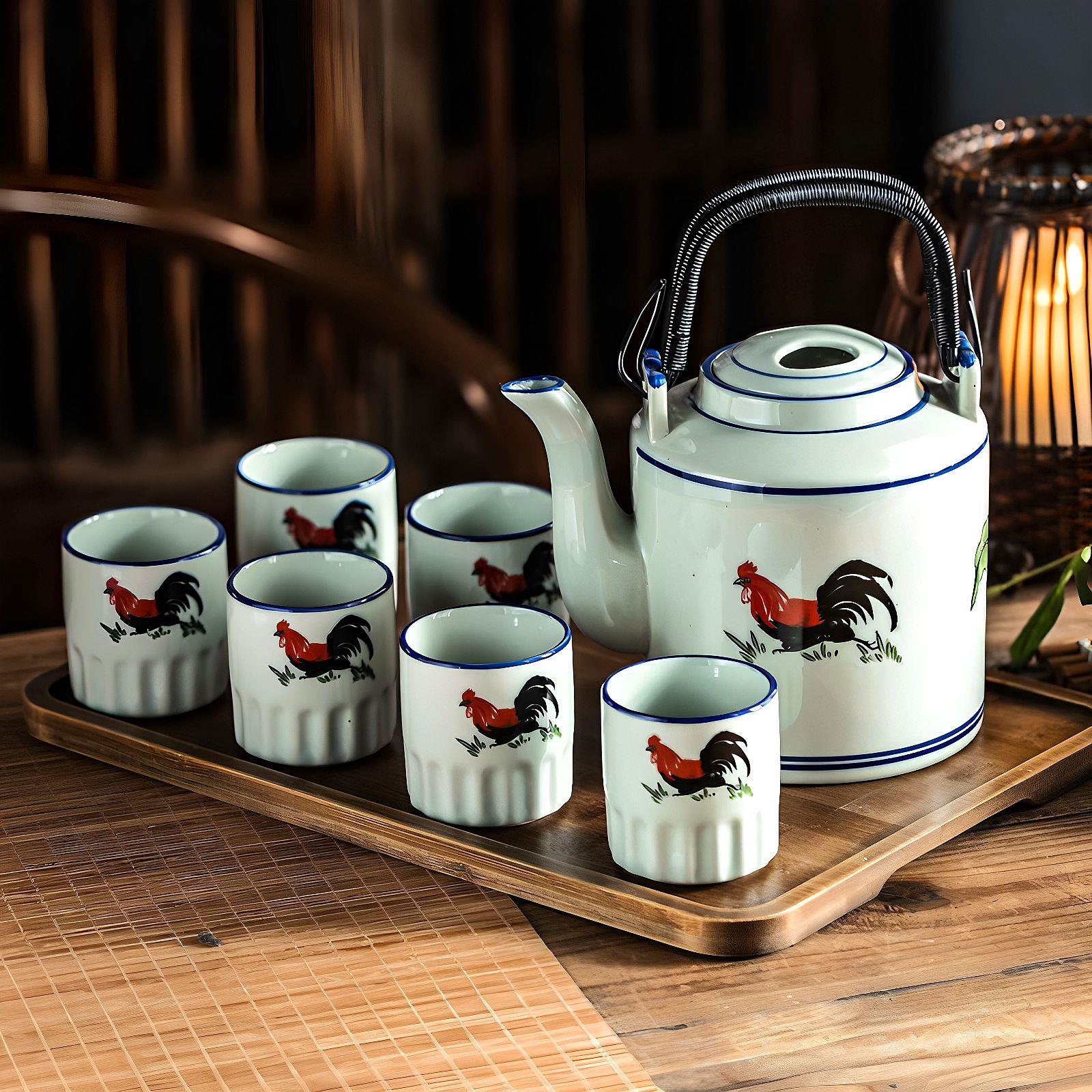 提梁壶冷水壶家用凉水壶套装陶瓷凉开水壶泡茶专用公鸡茶具泡茶壶