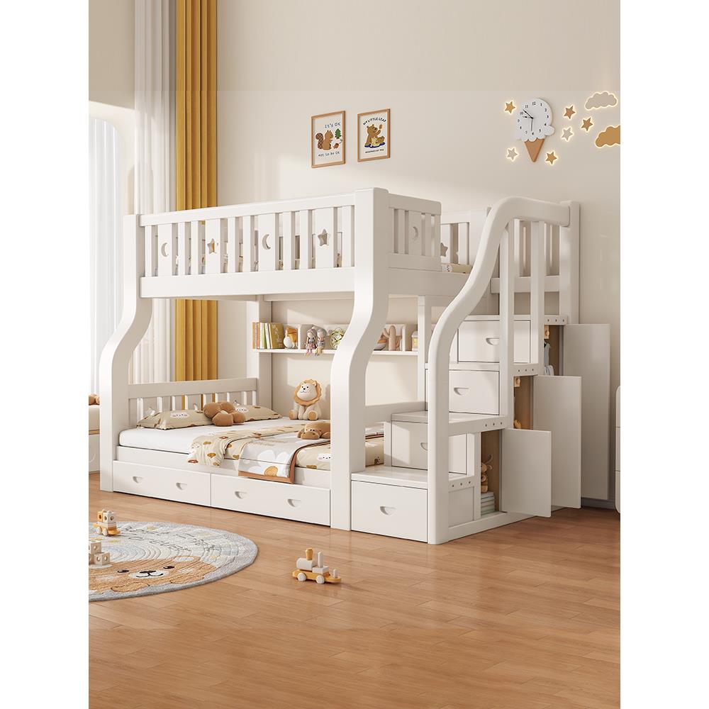 健康民居-上下床双层床上下铺木床白粉色实木高低床儿童床子母床