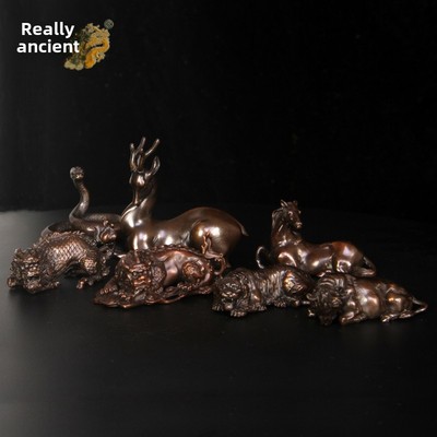 真古意铜车载生肖牛虎蛇马摆件麒麟谛听梅花鹿装饰品随身工艺品