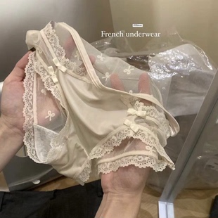法式 纯欲半透明蕾丝边蝴蝶结内裤 女透气舒适性感纯棉裆女士三角裤