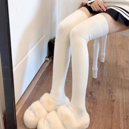 女款秋冬季加厚过膝袜纯色简约女袜竖条纹袜子保暖过膝袜潮流
