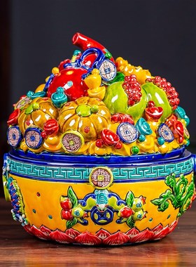 台湾交趾陶彩陶聚宝盆摆件门海摆件商务开业N礼品家居饰品招财聚