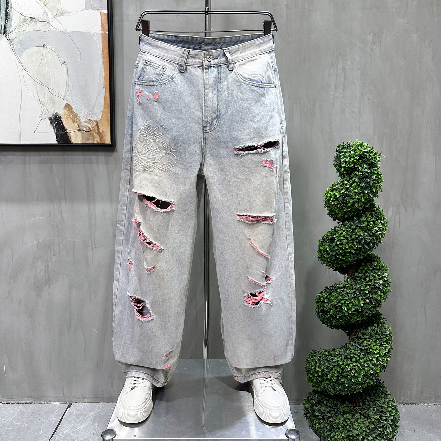 潮牌美式高端刺绣破洞设计弯刀牛仔裤宽松休闲痞帅小众男女阔腿裤