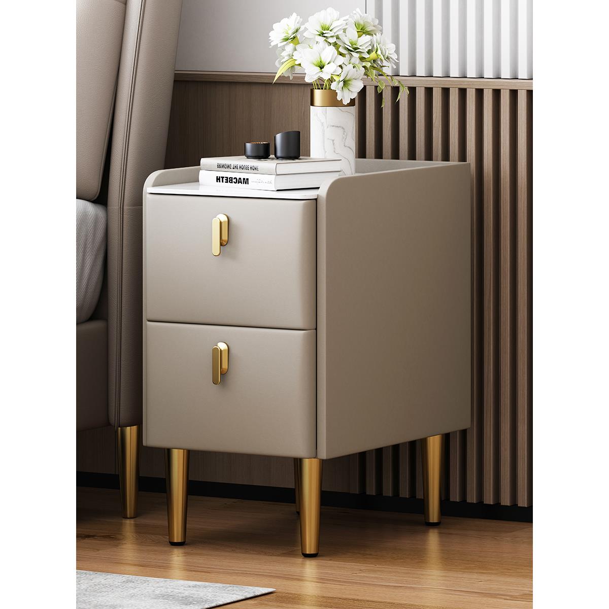 超窄款岩板床头柜现代简约皮质储物柜轻奢小尺寸25cm高迷你床边柜