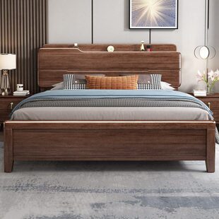 2米现代简约x2胡桃木实木床新中式轻奢大床2米双人床主卧婚床储物