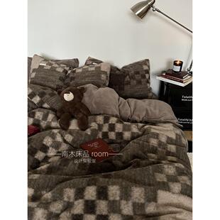 乐观主义|覆古灰棕棋盘格加厚彷羊绒四件套1.8米牛奶绒冬天男生