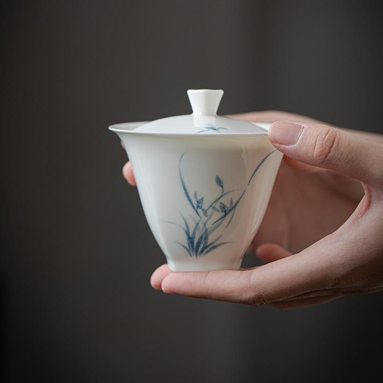 雨落 | 玉瓷手绘兰花盖碗 有方陶瓷青花泡茶碗 功夫茶具白瓷茶杯