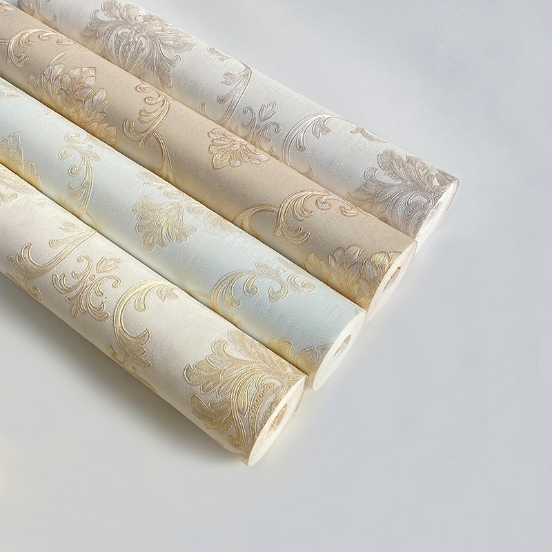 浅黄色欧式3D立体浮雕花纹墙z纸温馨卧室客厅餐厅电视背景墙壁纸