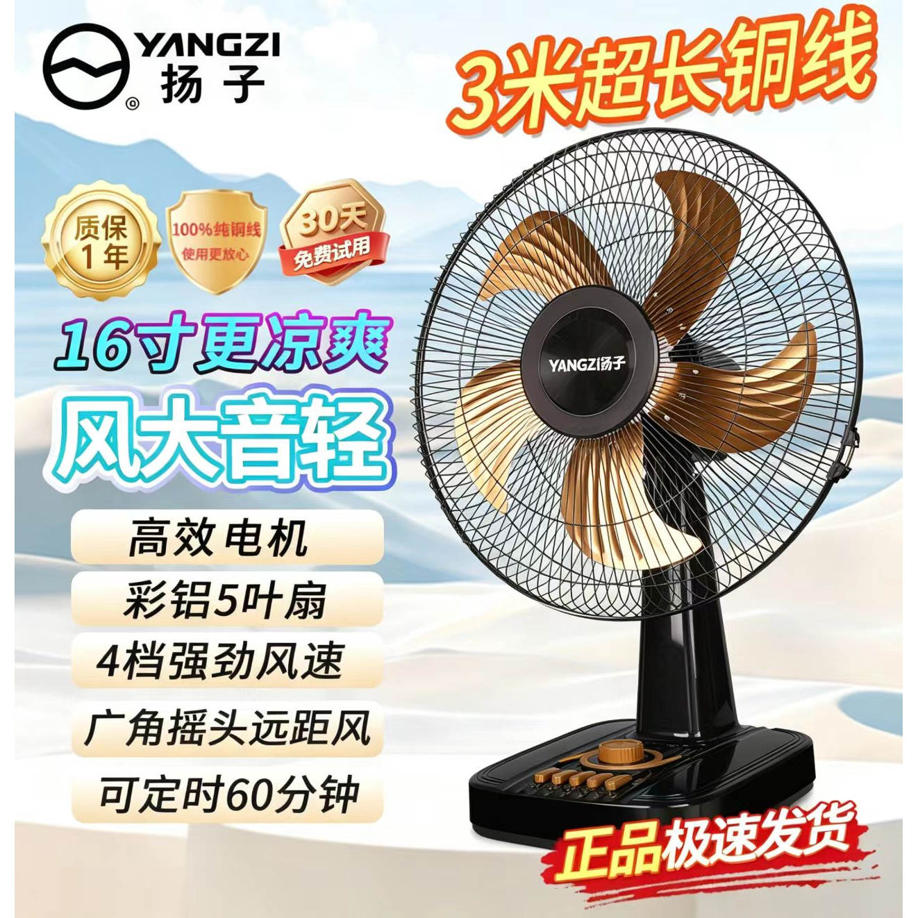 扬子台式风扇轻音台扇家用电风扇桌面风力宿舍电扇摇头定时转页扇 - 实物图