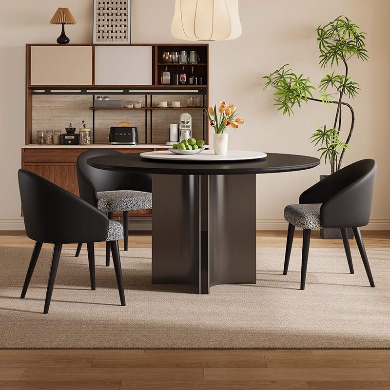 意式现代简约风圆形带转盘岩板餐桌小户型客厅家用岩板餐桌椅组合