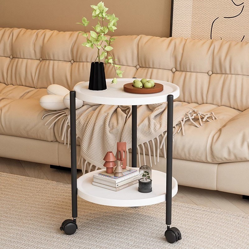 可移动带轮双层小桌子简约沙发边几茶几迷你餐车带扶手推车置物架