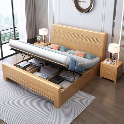 榉木实木床1.8米双人床1.5米1.35m1.2米单人床现代简约原木榫卯床