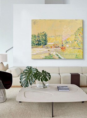 欧式风景手绘油画抽象海岸客厅沙发背景墙装饰画黄色玄关横版挂画